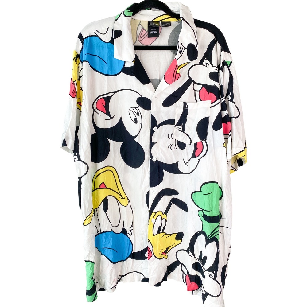 Mickey Mouse Mens Button Up Shirt XXL White Retro Vintage Graphic Rayon Disney